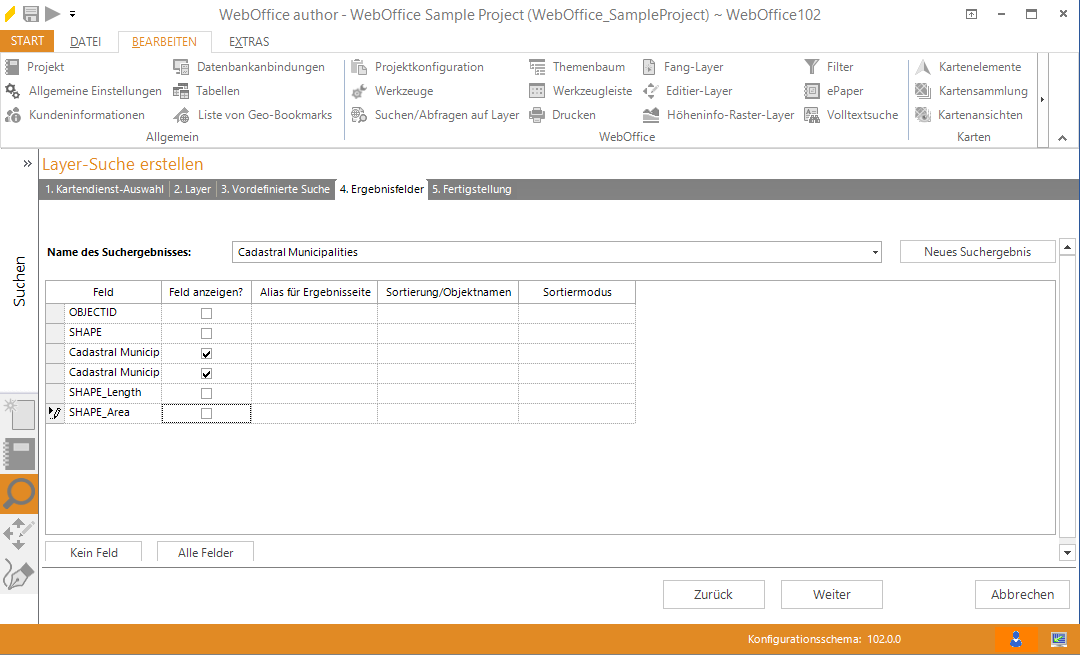 Assistent "Layer-Suche erstellen" - Ergebnisfelder auswählen Assistent "Layer-Suche erstellen" - Ergebnisfelder auswählen