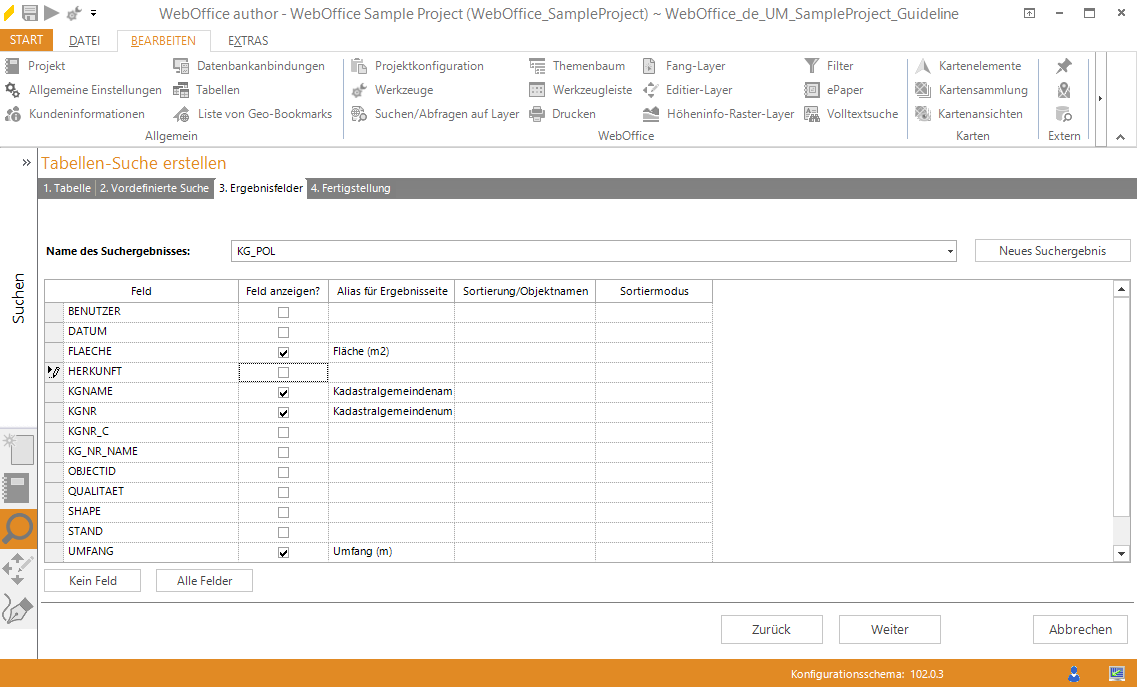 Assistent "Tabellen-Suche erstellen" - Definition der Ergebnisfelder Assistent "Tabellen-Suche erstellen" - Definition der Ergebnisfelder