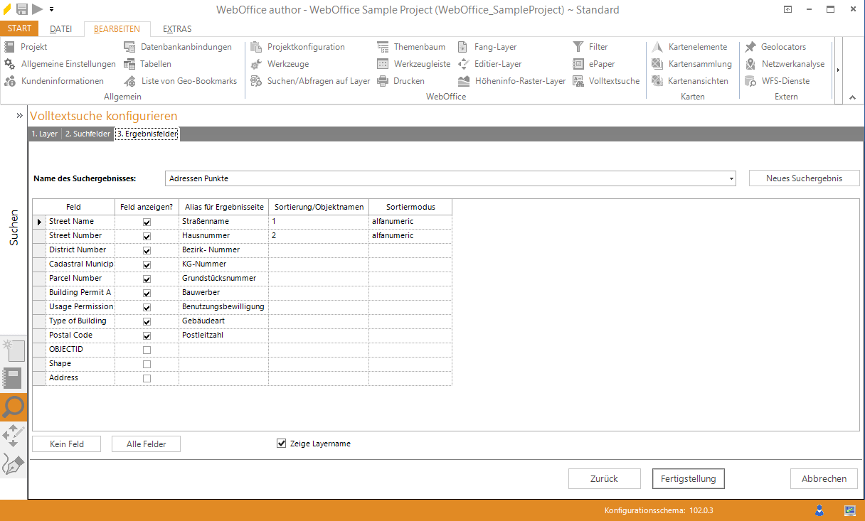 Assistent Volltextsuche - Ergebnisfelder