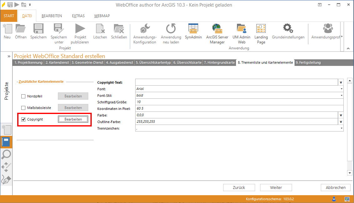 Wizard "Projekt erstellen" - Konfiguration des Copyright-Text