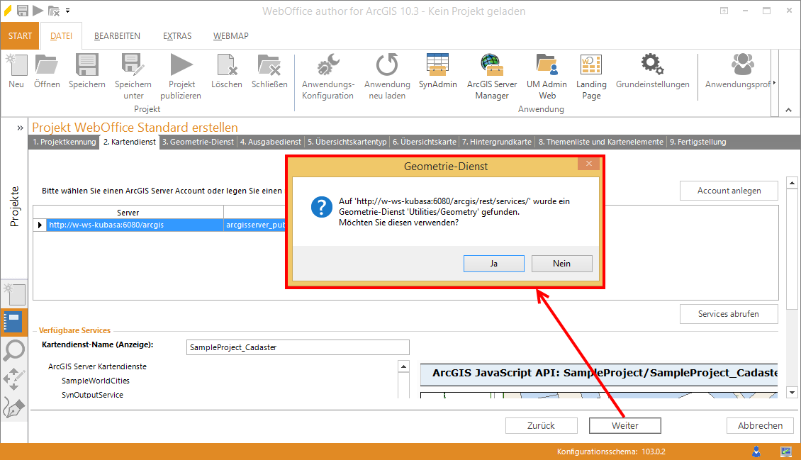 Assistent "Projekt erstellen" - Verwenden des Geometrie-Dienstes