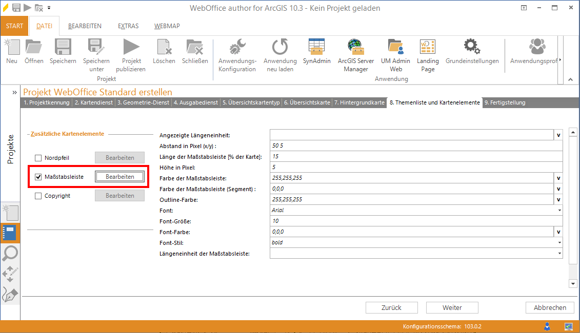 Wizard "Projekt erstellen" - Konfiguration der Maßstabsleiste