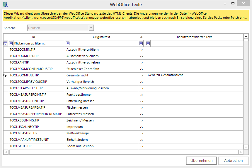 Dialogfenster WebOffice Texte