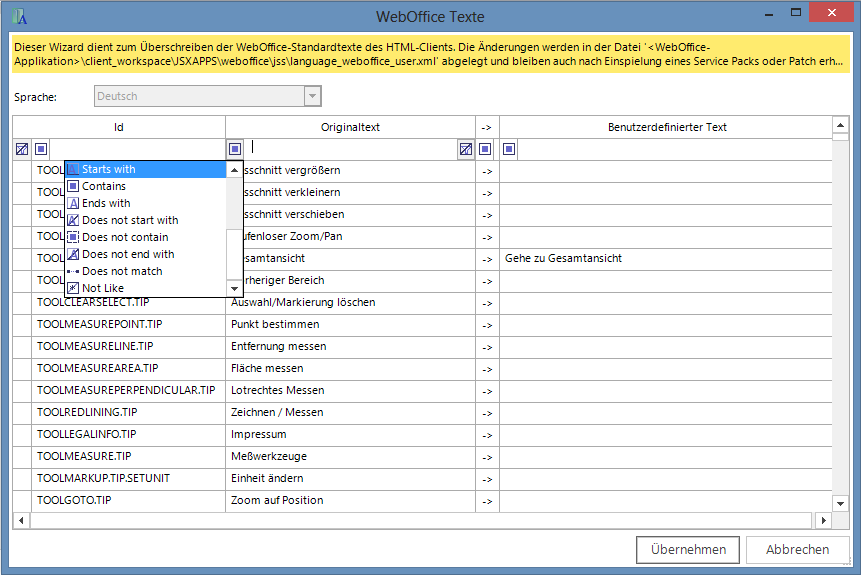 Filtern im WebOffice Texte Dialogfenster