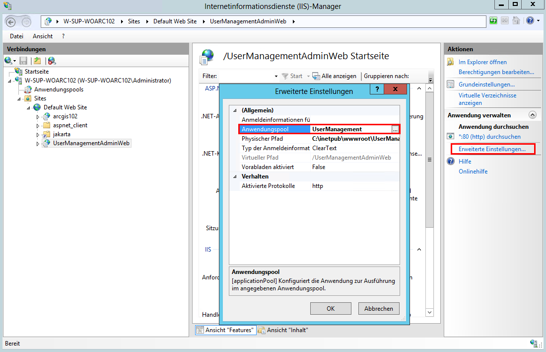 Weisen Sie den Anwendungspool UserManagement Ihrer UserManagement Admin Web Anwendung zu