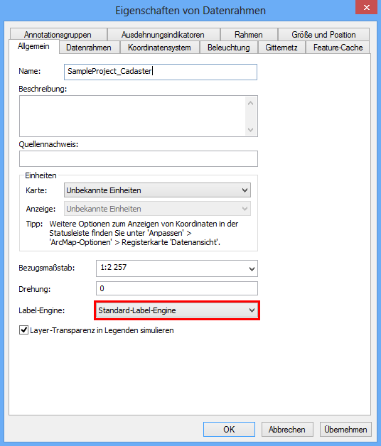 Einstellung der Label Engine in den Datenrahmen Eigenschaften