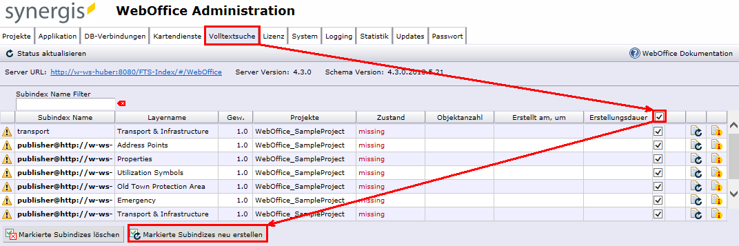 Subindizes neu erstellen in Synadmin