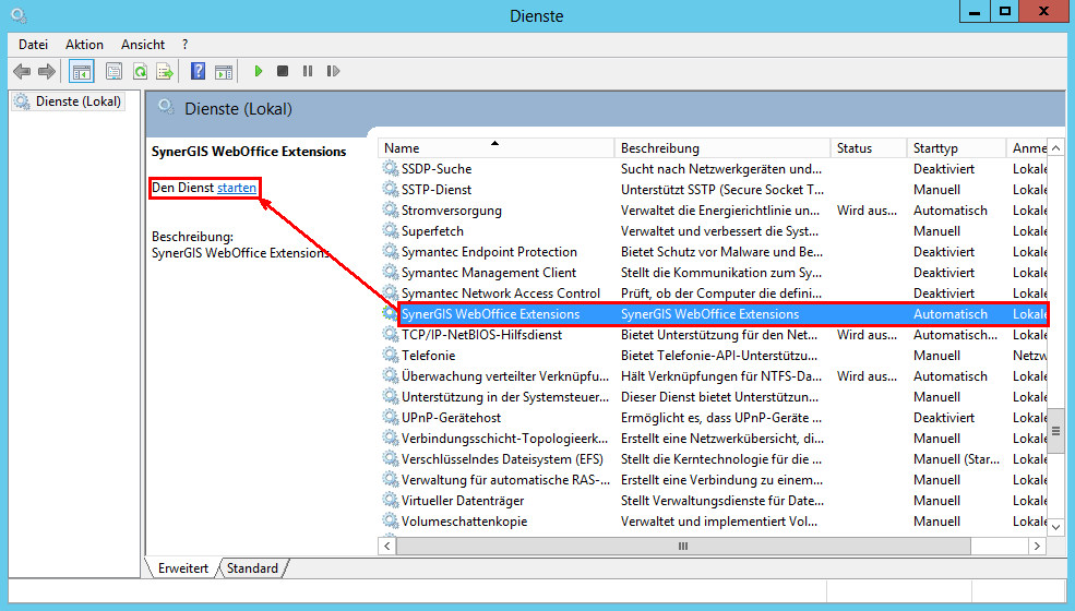Starten des SynerGIS WebOffice Extensions Service