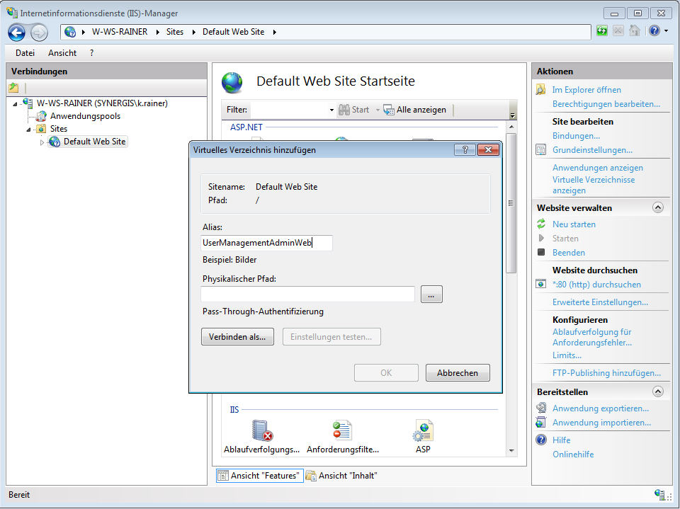 Einen Alias für das virtuelle Verzeichnis setzen