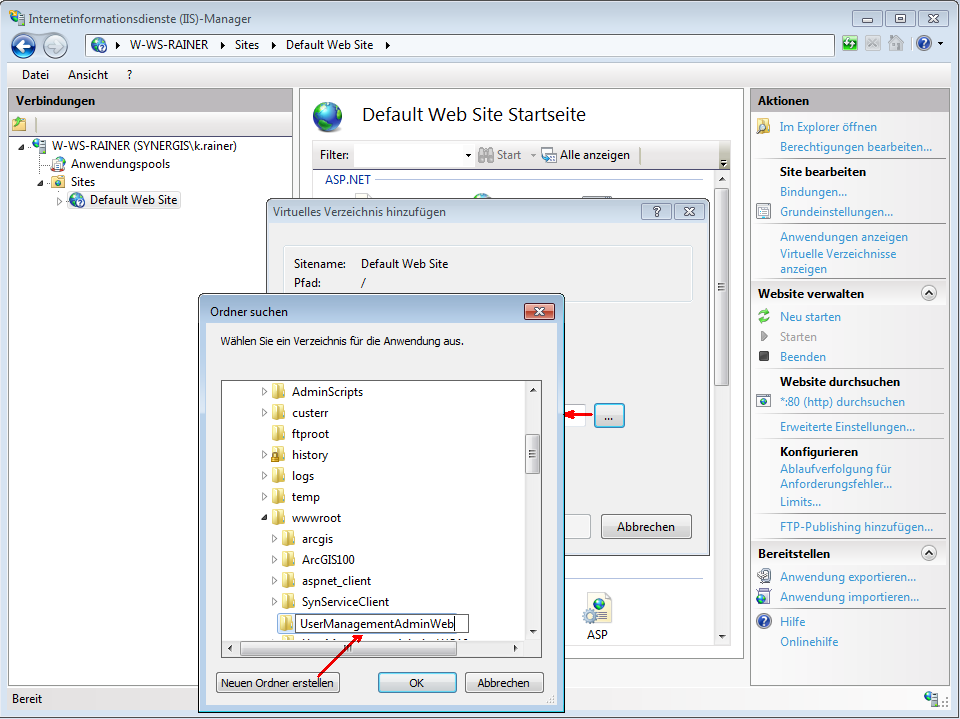 Verzeichnis zu den UserManagementAdminWeb Daten festlegen
