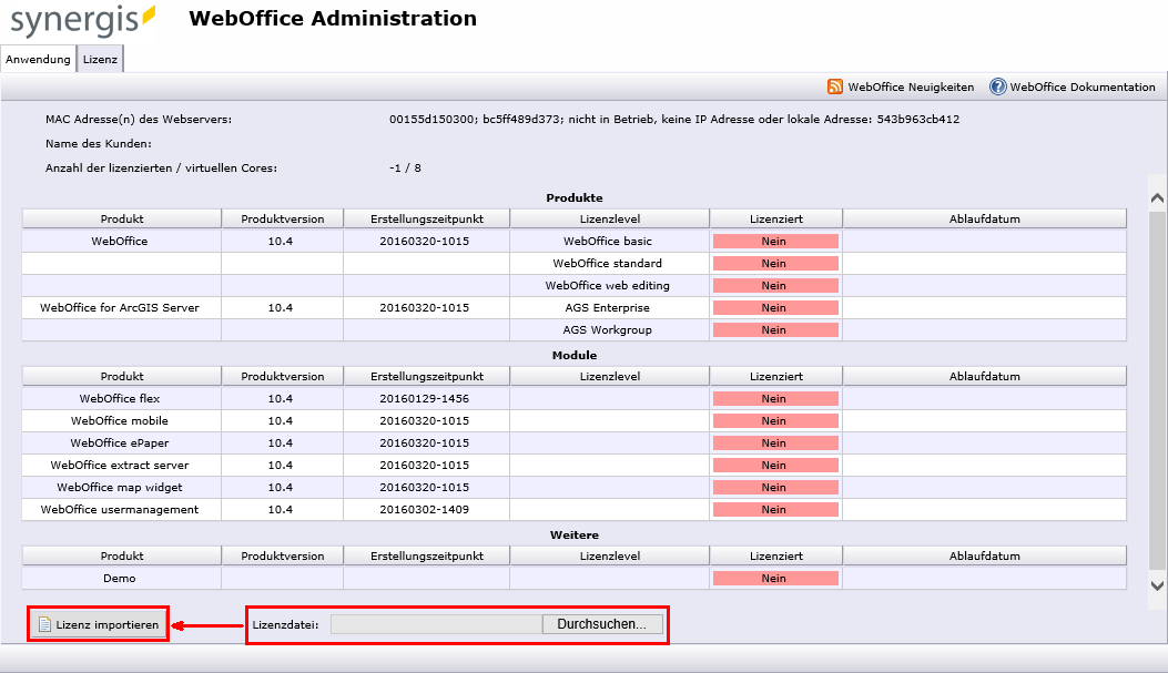 Einspielen der Lizenzdatei via SynAdmin Einspielen der Lizenzdatei via SynAdmin