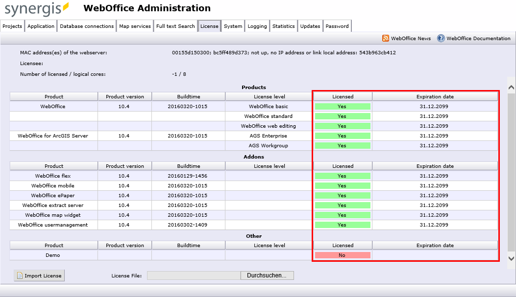 Reiter "Lizenz" - WebOffice 10.4 SP2 Administrationsseiten Reiter "Lizenz" - WebOffice 10.4 SP2 Administrationsseiten