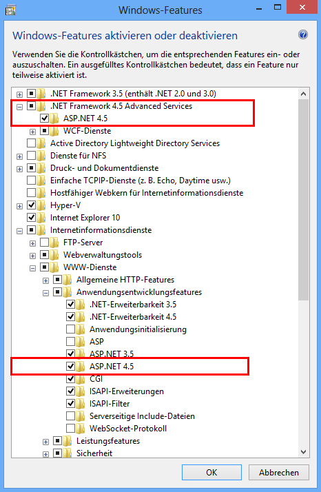 Vorausgesetzte IIS Komponenten für WebOffice usermanagement