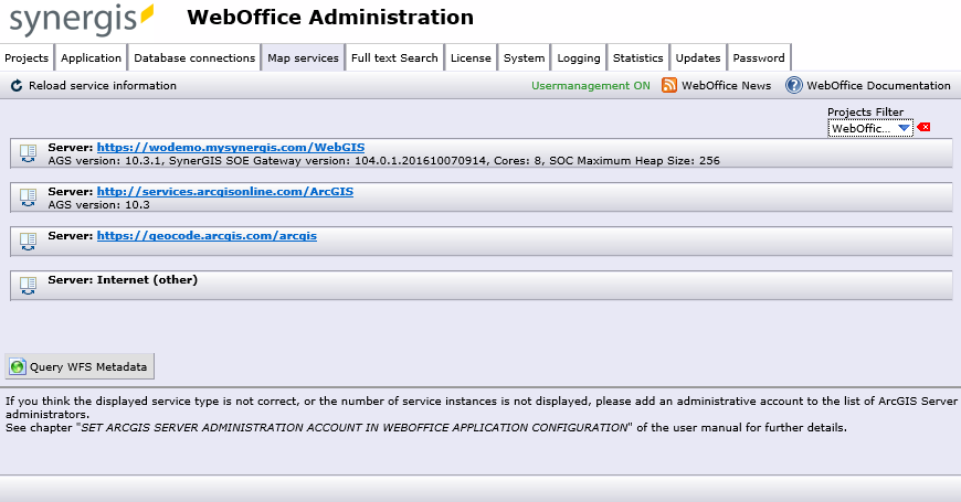 SynAdmin map services tab