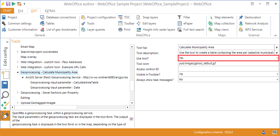 Activate the Geoprocessing - calculate municipality area tool in the WebOffice author Activate the Geoprocessing - calculate municipality area tool in the WebOffice author