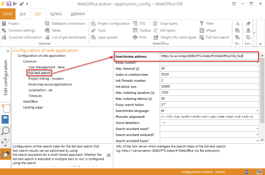 Adjustment of the Searchindex address within the WebOffice 10.4 SP2 application configuration