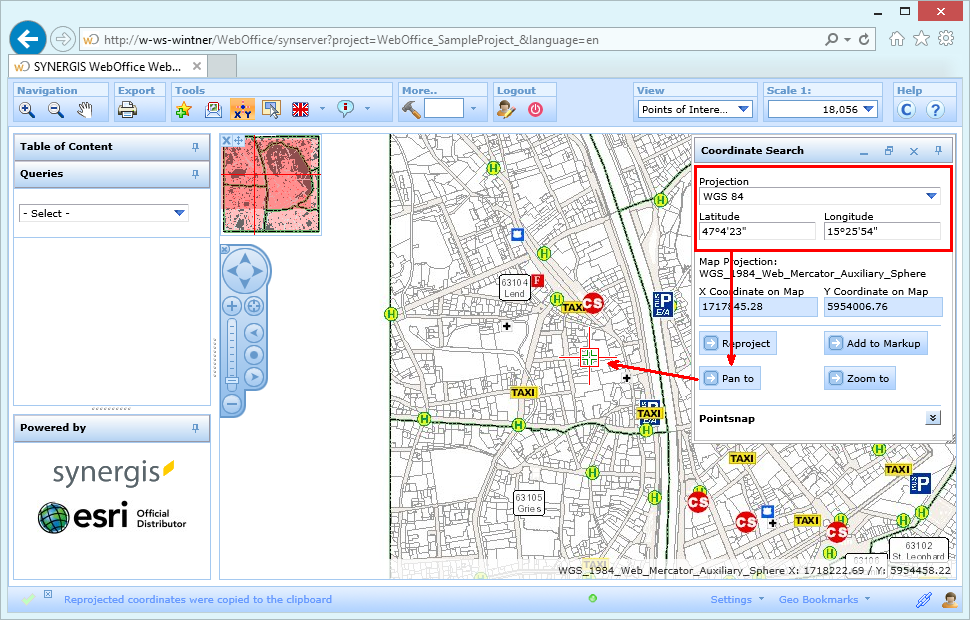 Search for and pan to coordinates in WebOffice html client by entering coordinates