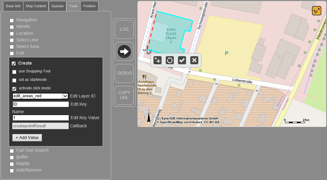 WebOffice map widget testcontainer - Create via clickmode