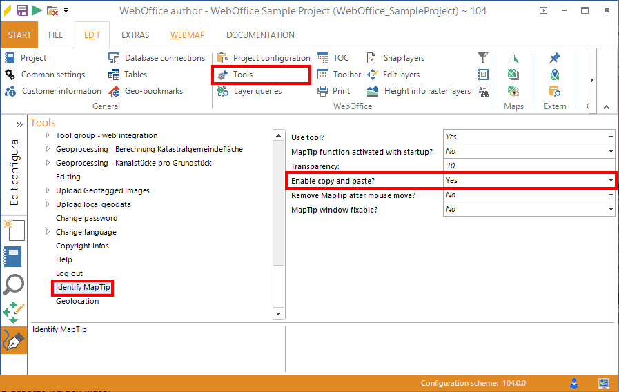 Settings within WebOffice author to enable the copy and paste functionality for the field values of the WebOffice map widget Maptip