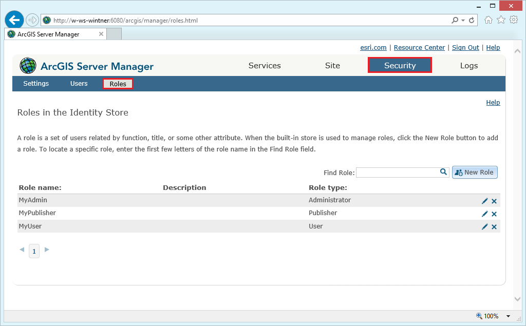 Configured roles in ArcGIS Server Manager Configured roles in ArcGIS Server Manager