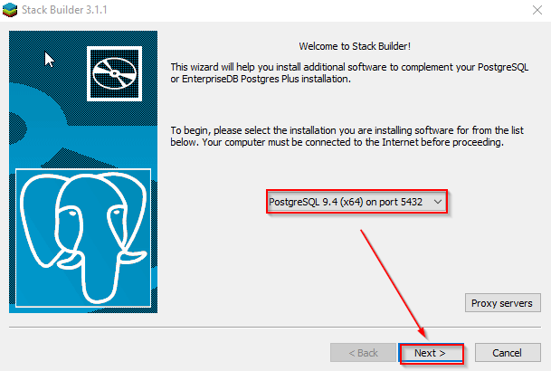 Selection of the Pstgres RDBMS in the Application Stack Builder wizard