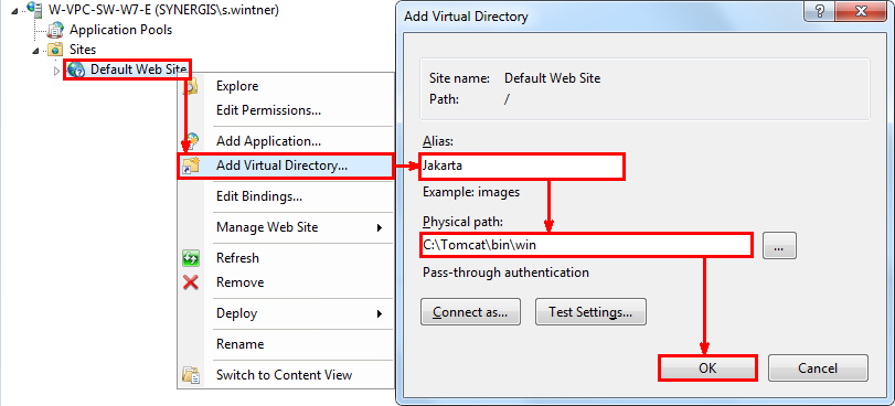 Add a virtual directory "Jakarta" in the IIS Manager