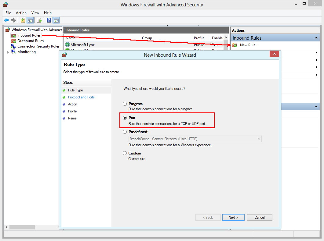 Windows Firewall with Advanced Security - Create a new inbound rule