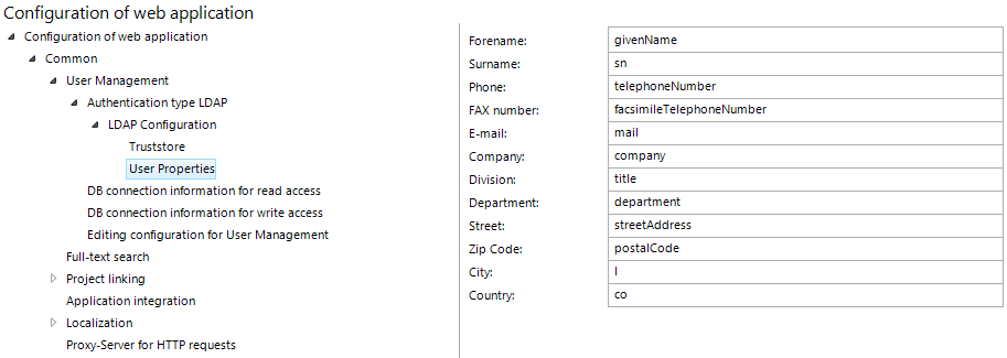 User properties configuration
