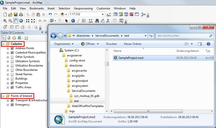 A MXD named "SampleProject" with multiple data frames