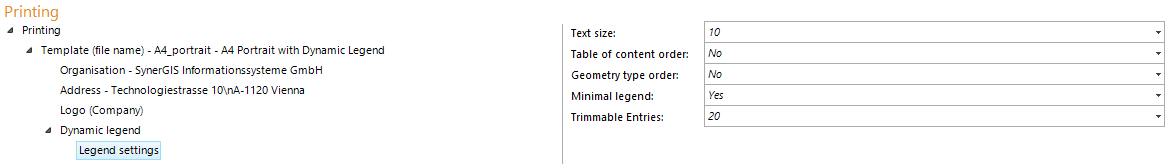 Legend settings configuration for a print template