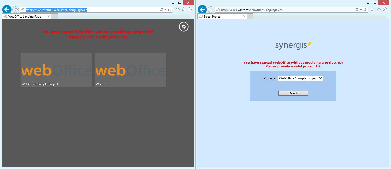 Call of a WebOffice 10.4 SP2 application without specification of a project in German language (left: traditional / right: modern)