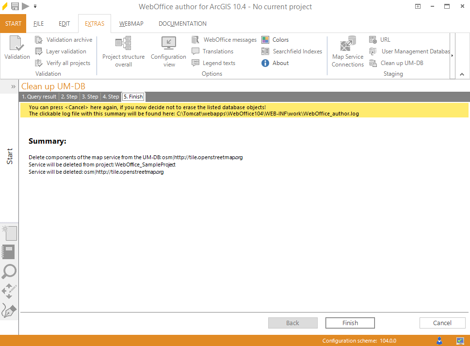 Summary of the wizard for the action "Completely remove map service from UM-DB"