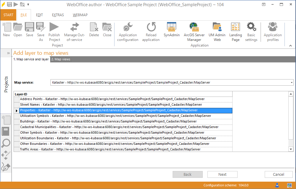 Selection of the required layer from a map service