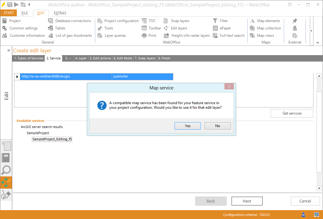 Wizard "Create edit layer" - map service