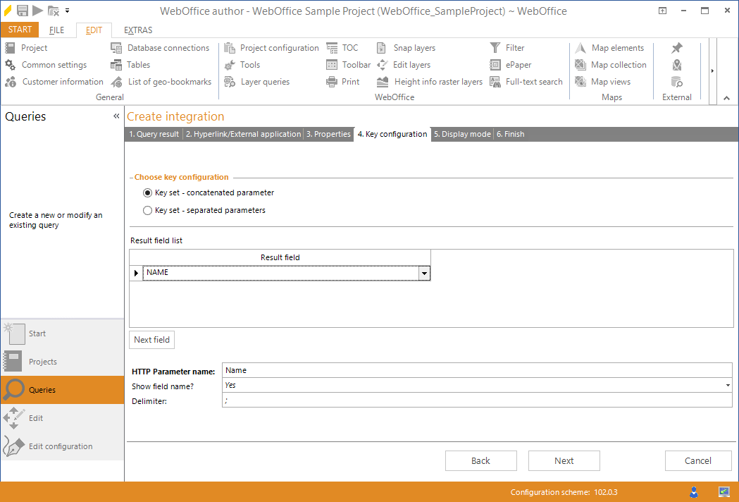 Wizard "Create integration" - key configuration for concatenated parameters