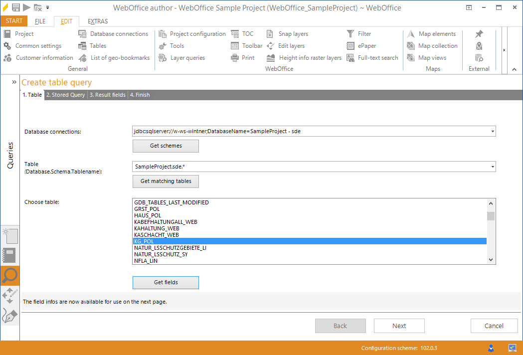 Wizard "Create table query" - choose table
