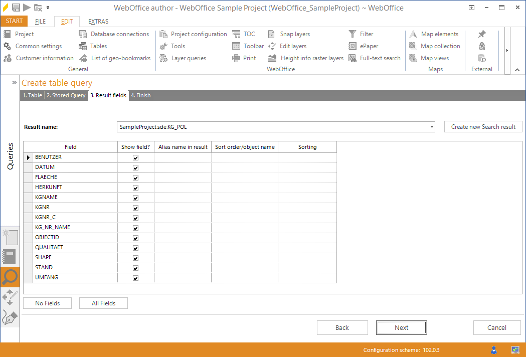 Wizard "Create table query" - select result fields
