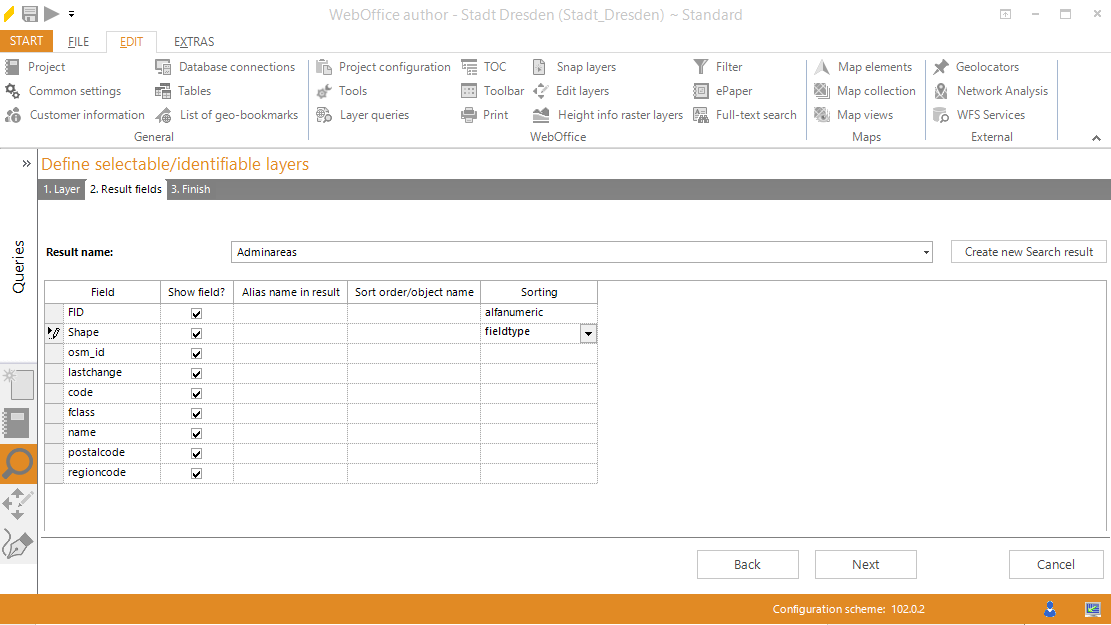 Wizard "Define Selectable/Identifiable Layers" - Definition of the Result fields