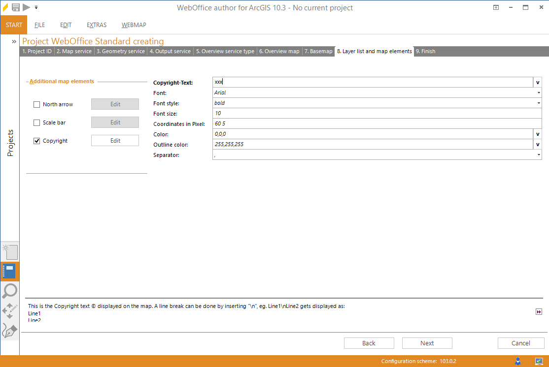 Wizard "Create Project" - configuring a copyright text