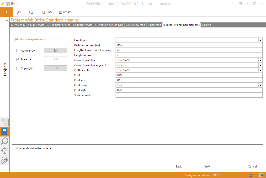 Wizard "Create Project" - configuring a scale bar