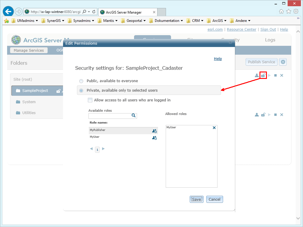 Restrict permissions for a map service in ArcGIS Server Manager