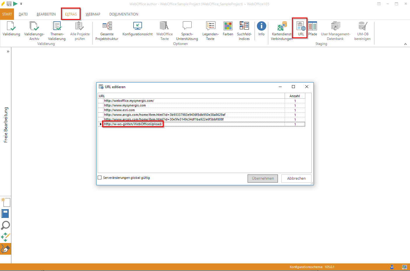 Überprüfen der WebOfficeUpload URL im WebOffice author
