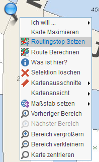 Setzung eines Routingstops per Kontextmenü (rechte Maustaste) im Kartenbereich Setzung eines Routingstops per Kontextmenü (rechte Maustaste) im Kartenbereich