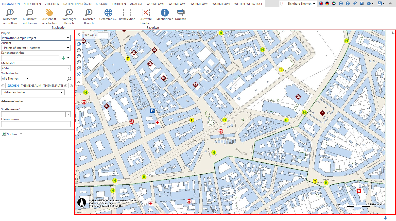 Hauptkartenbereich im WebOffice core Client