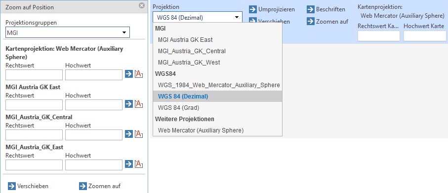 Verschiedene Werkzeugdialoge im WebOffice core Client in Abhängigkeit davon, ob alle Projektionen verwendet werden können - Ja (links) und Nein (rechts)