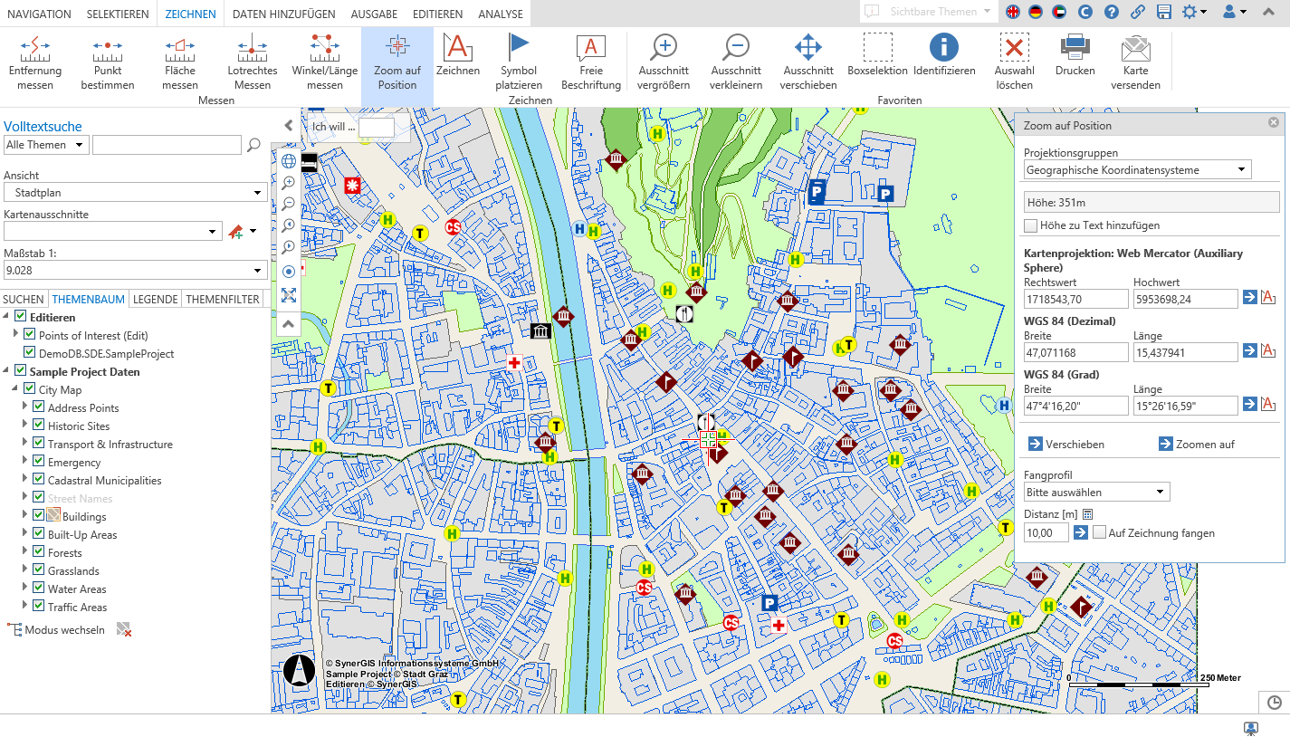 Anzeige bzw. Verschieben der Koordinaten durch Klick in Karte mit dem Werkzeug Zoom auf Position im WebOffice core Client
