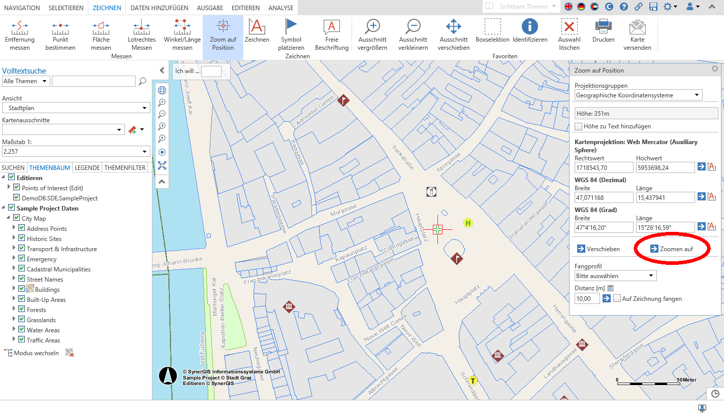 Zoom auf Koordinaten im Werkzeug Zoom auf Position im WebOffice core Client