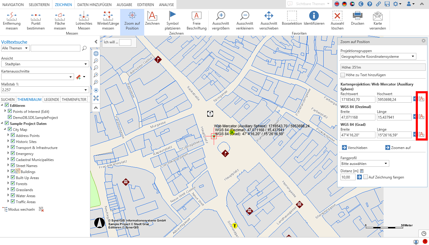 Koordinaten beschriften im Werkzeug Zoom auf Position im WebOffice core Client
