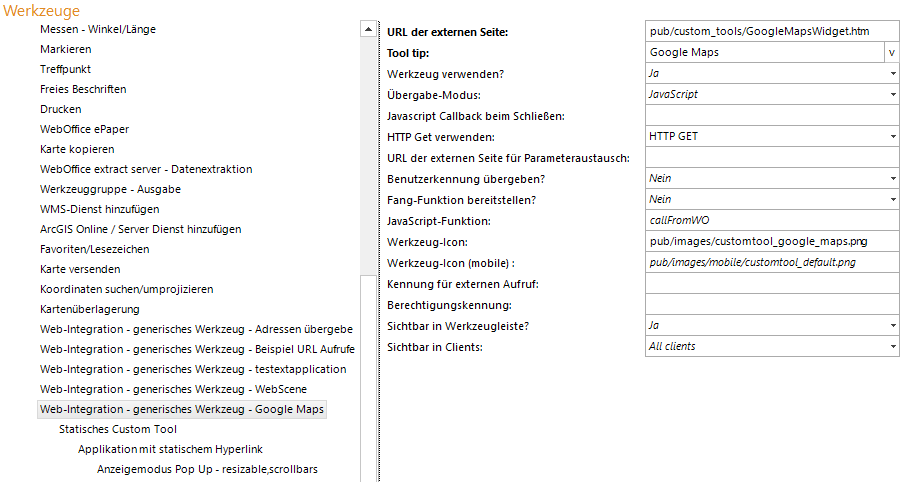 Konfiguration eines generischen Werkzeuges für den Google Maps © Aufruf
