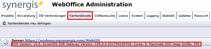 ArcGIS Server & Server Object Extension - Software Version; Anzahl Cores am Server; Maximale SOC Heap Größe